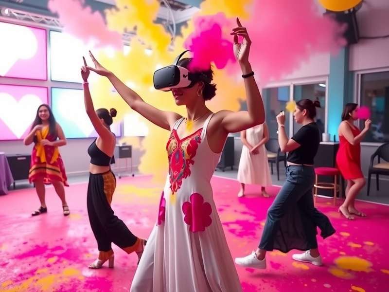 Bollywood VR Dance Adventure Holi event showing colorful dance floor and avatar with Holi colors
